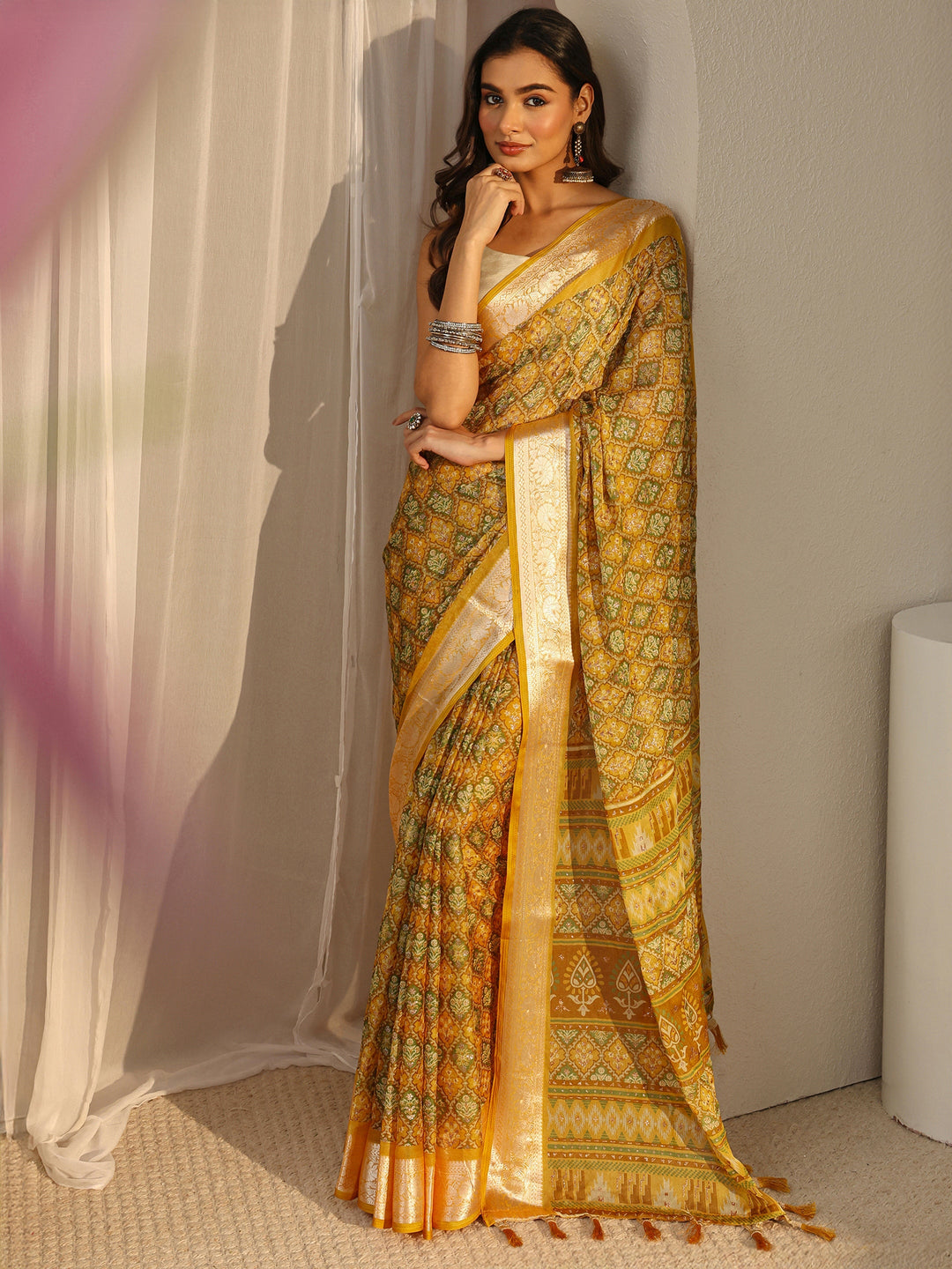 Mustard Printed Chiffon Saree With Unstitched Blouse Piece