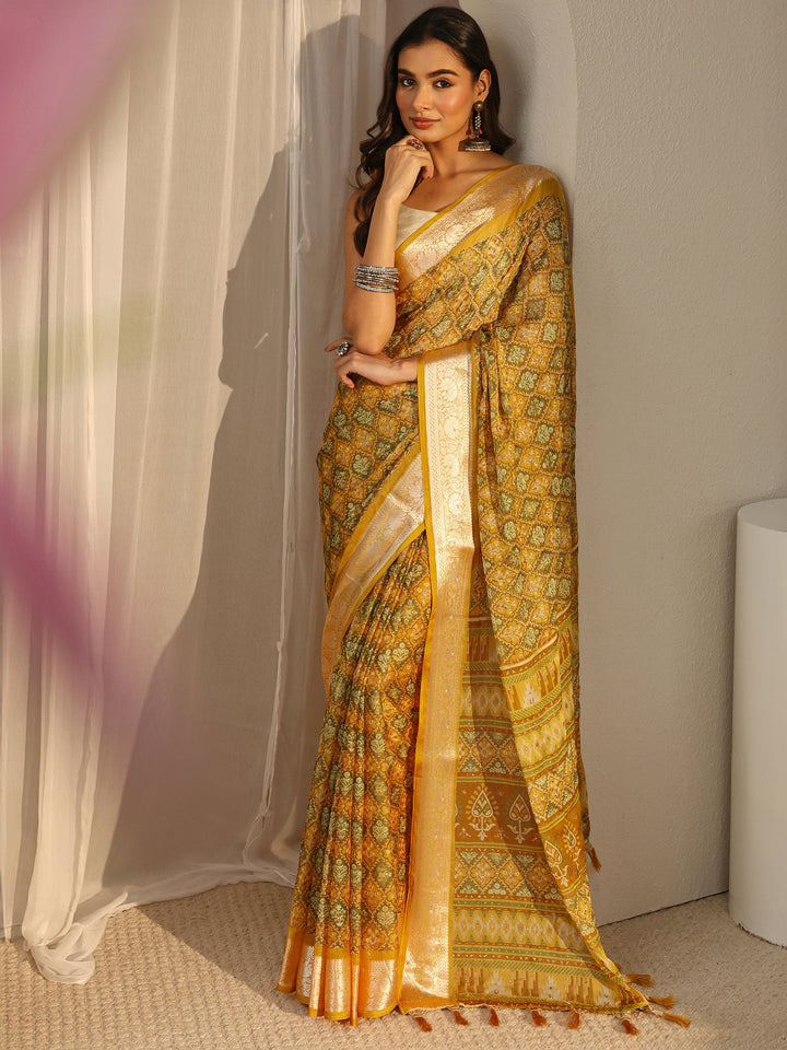 Mustard Printed Chiffon Saree With Unstitched Blouse Piece