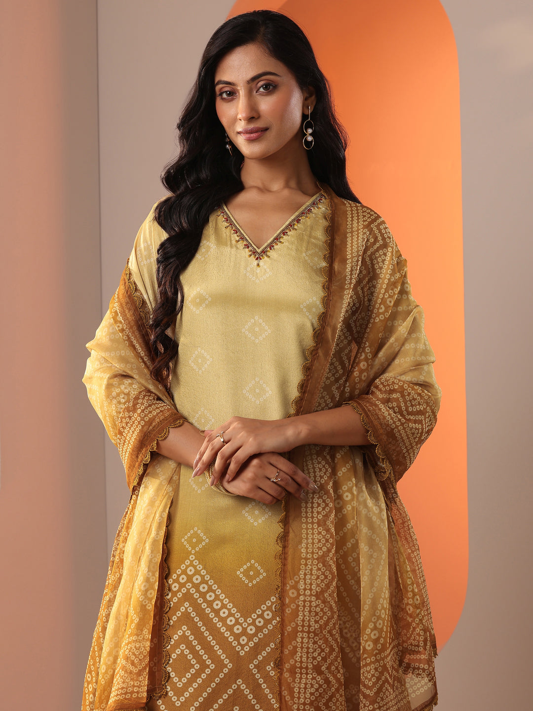 Mustard Printed Chinon Straight Suit Set With Dupatta