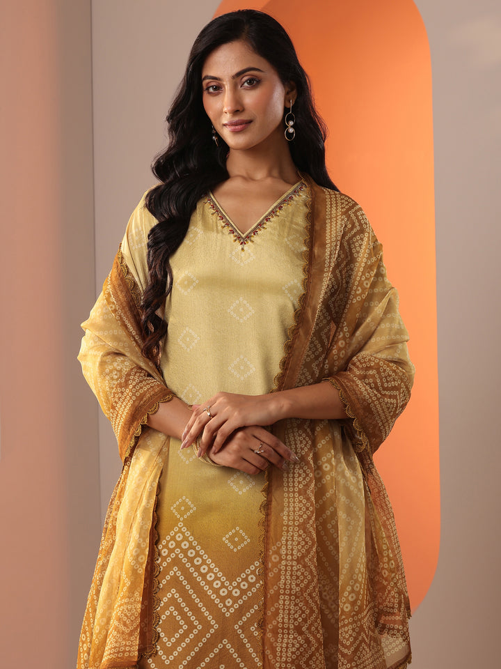 Mustard Printed Chinon Straight Suit Set With Dupatta