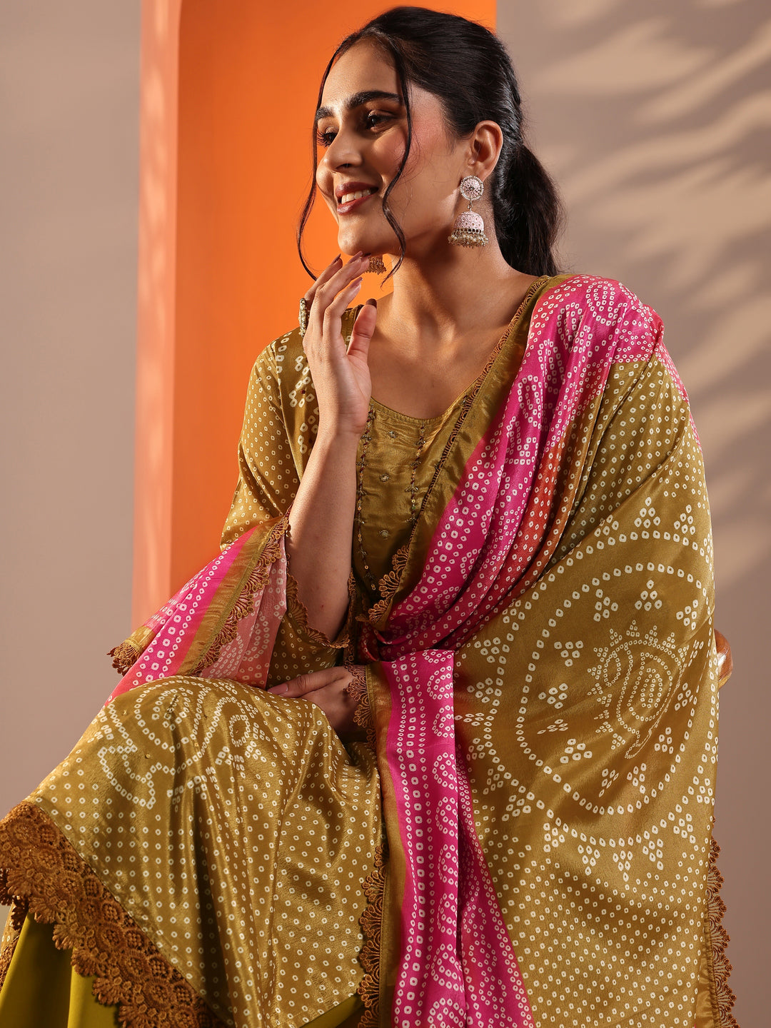 Mustard Printed Chinon Straight Suit Set With Dupatta