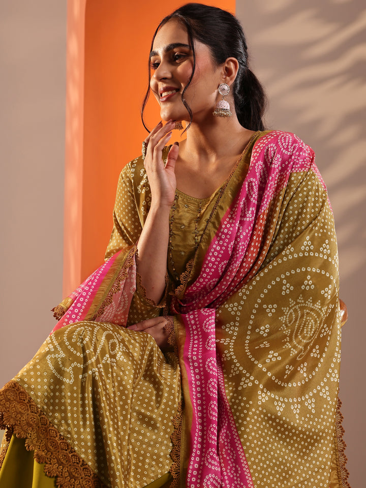 Mustard Printed Chinon Straight Suit Set With Dupatta