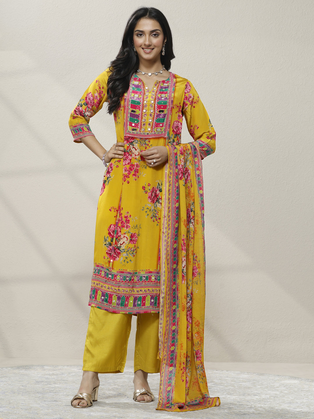 Mustard Printed Chinon Straight Suit Set With Dupatta