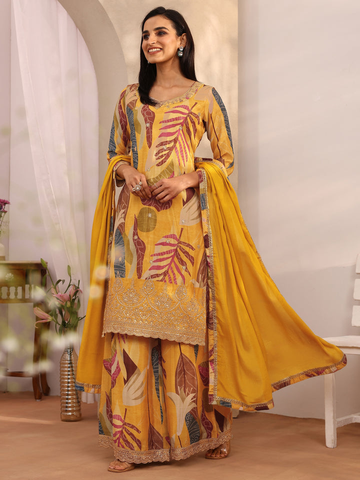 Mustard Printed Chinon Straight Suit Set With Dupatta