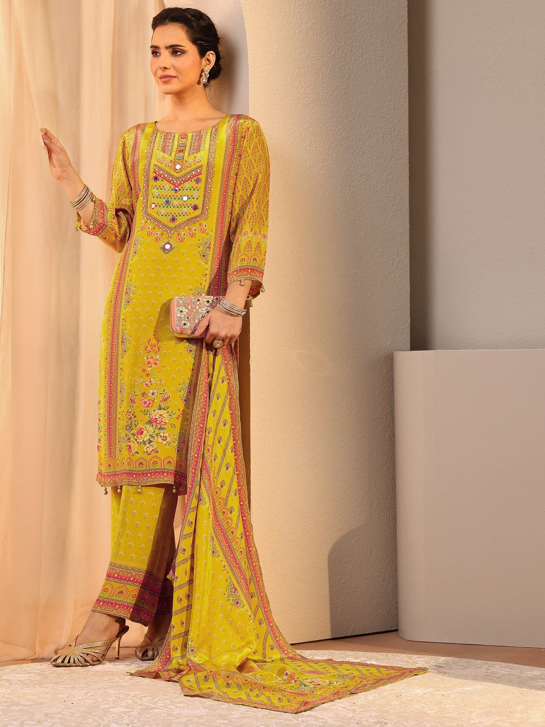Mustard Printed Chinon Straight Suit Set With Dupatta