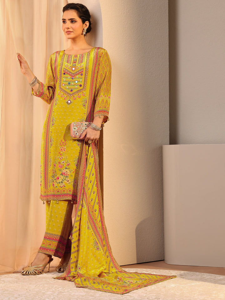Mustard Printed Chinon Straight Suit Set With Dupatta