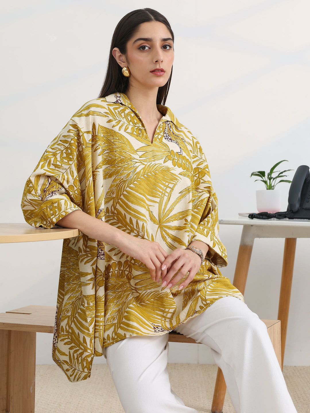 Mustard Printed Cotton A-Line Short Kurti
