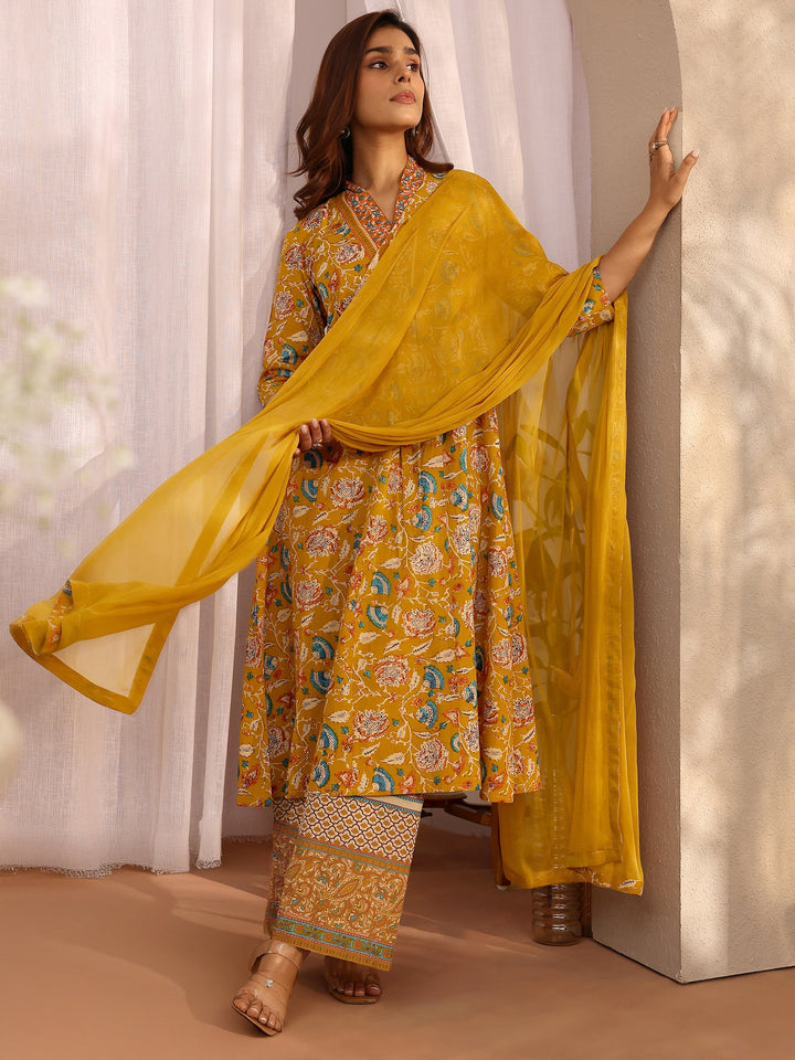 Mustard Printed Cotton A-line Suit Set With Dupatta
