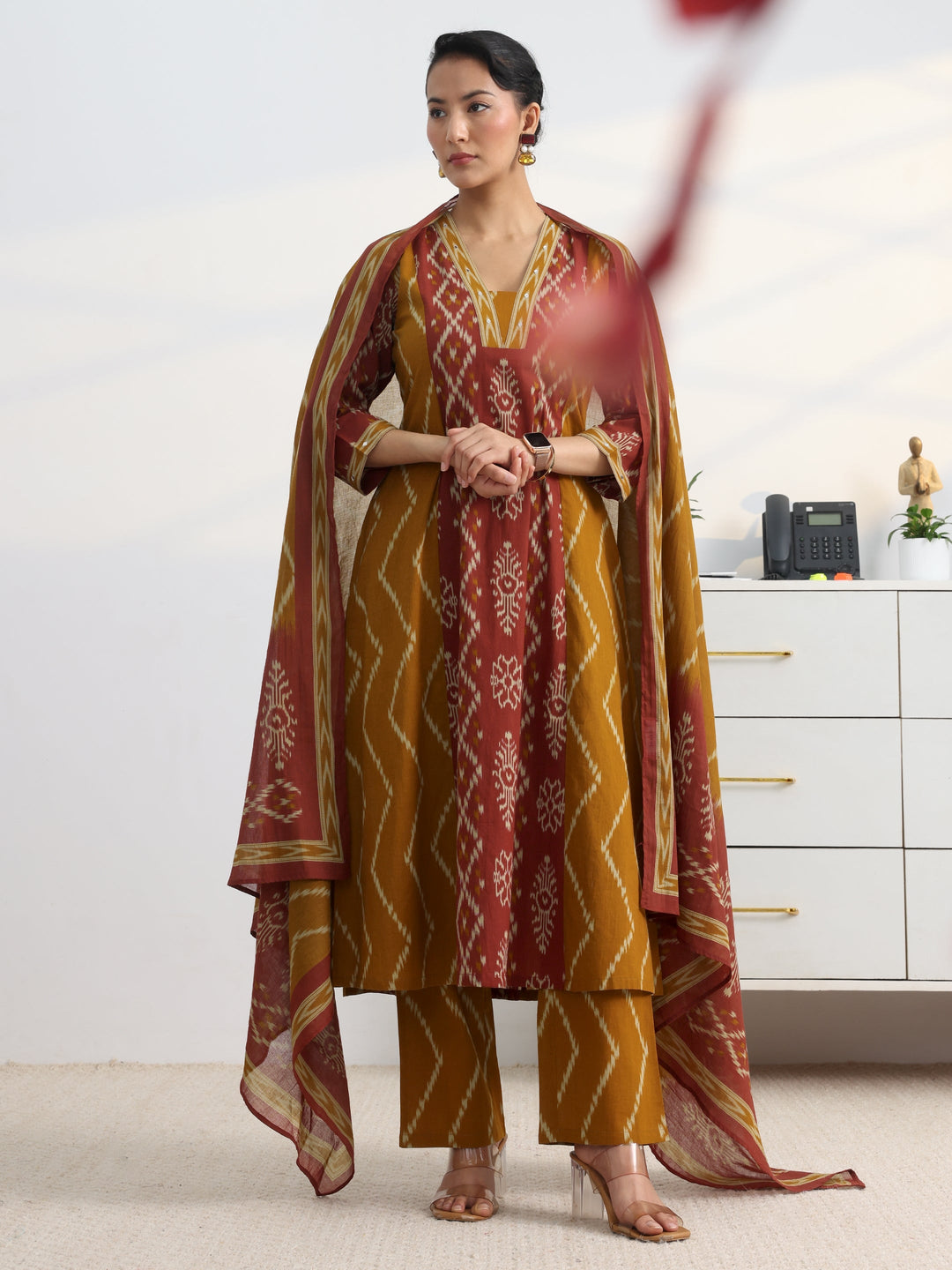 Mustard Printed Cotton Blend A-Line Suit Set With Dupatta
