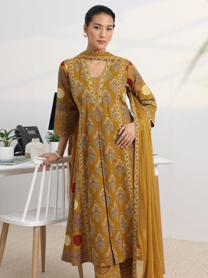 Mustard Printed Cotton Blend A-Line Suit Set With Dupatta