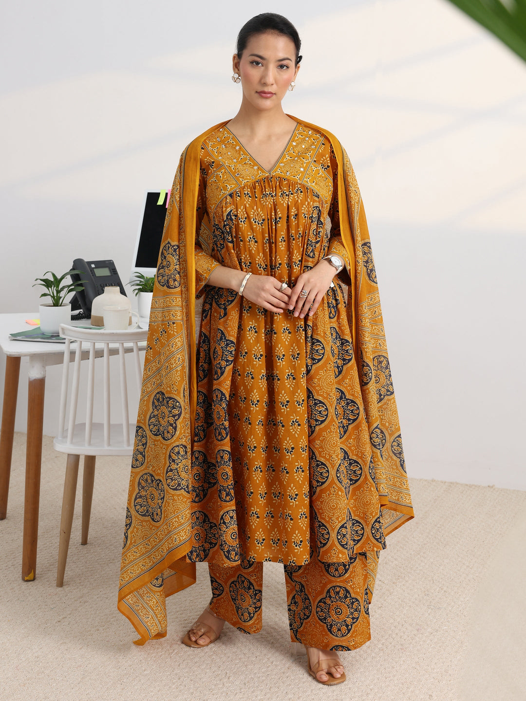 Mustard Printed Cotton Blend A-Line Suit Set With Dupatta