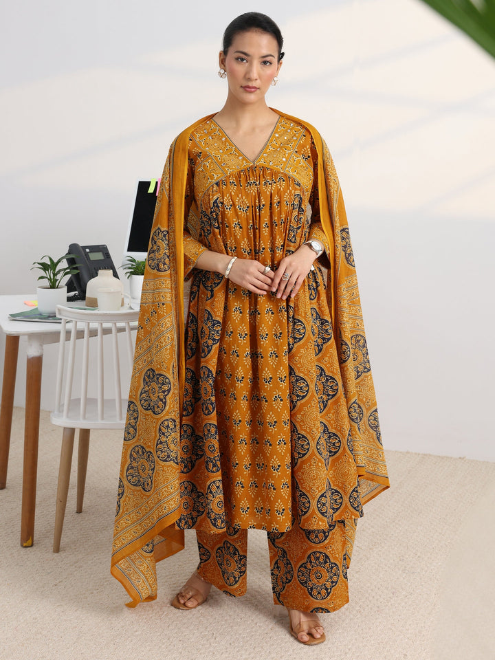 Mustard Printed Cotton Blend A-Line Suit Set With Dupatta
