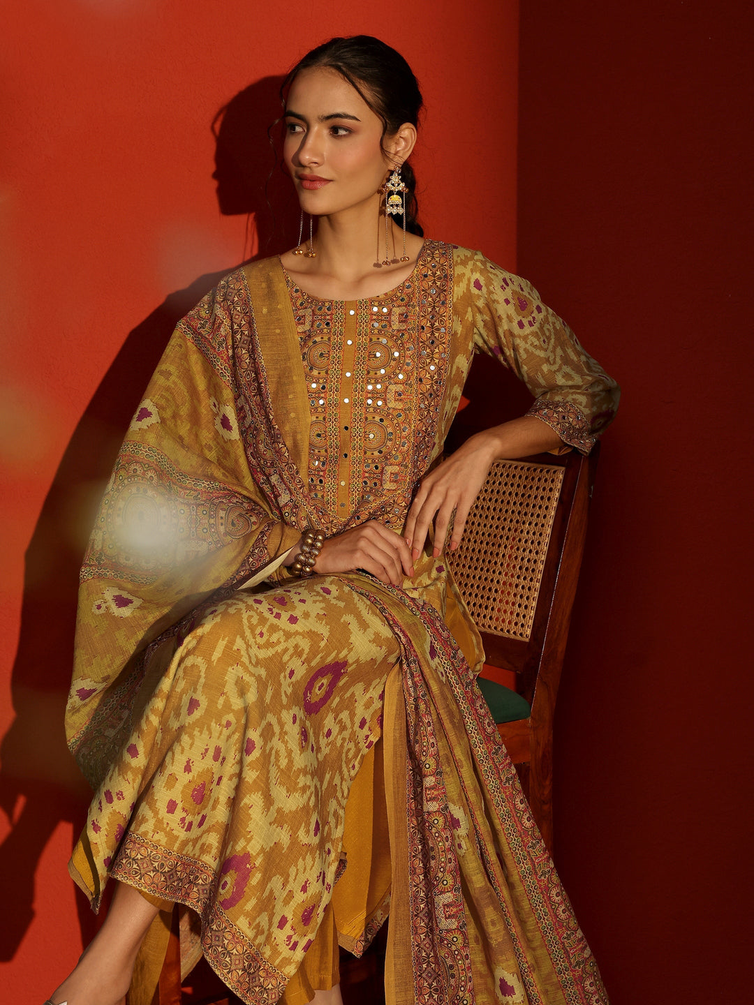 Mustard Printed Cotton Blend Straight Suit Set With Dupatta