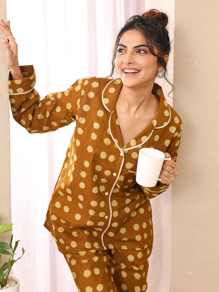 Mustard Printed Cotton Night Suit