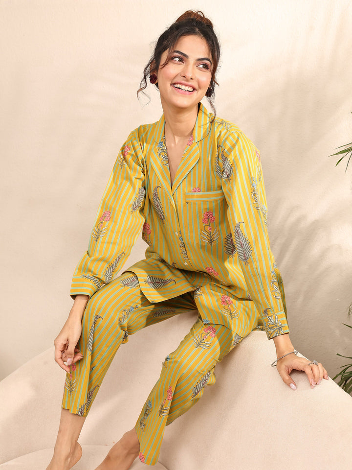 Mustard Printed Cotton Night Suit