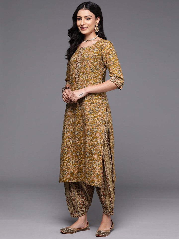 Mustard Printed Cotton Straight Kurta With Salwar & Dupatta - ShopLibas
