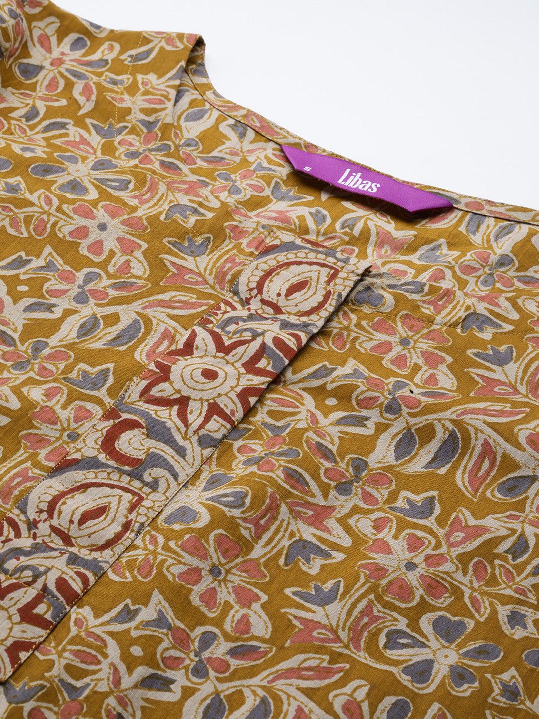 Mustard Printed Cotton Straight Kurta With Salwar & Dupatta - ShopLibas