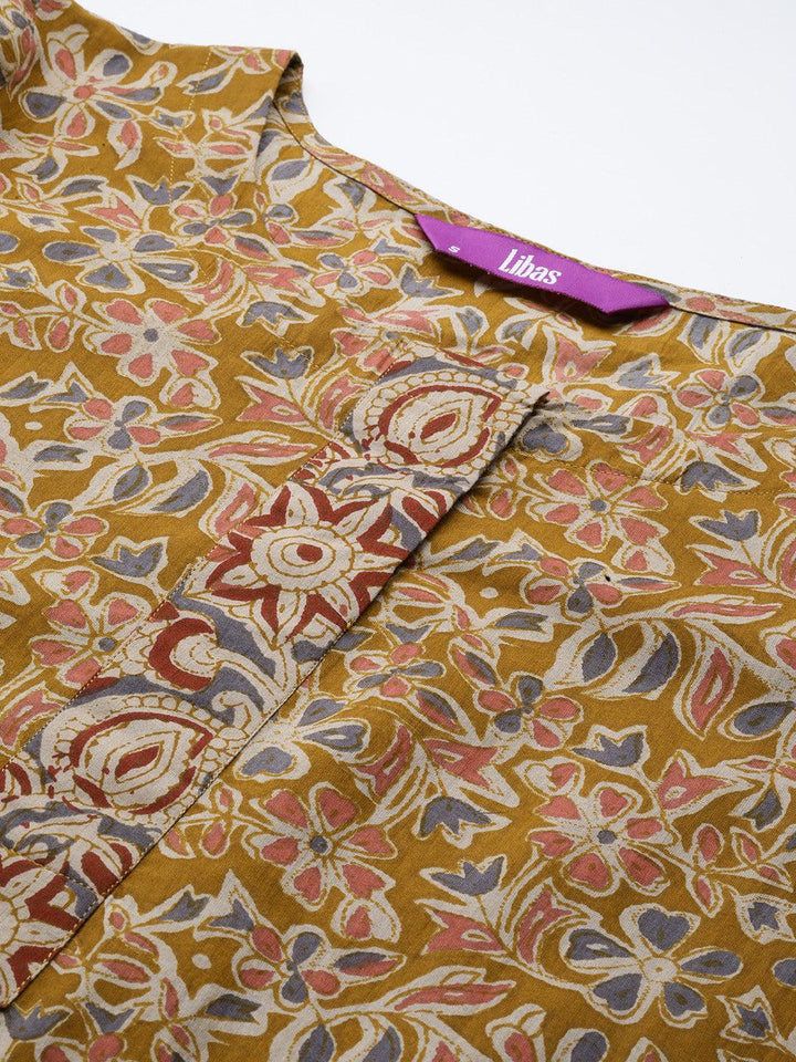 Mustard Printed Cotton Straight Kurta With Salwar & Dupatta - ShopLibas