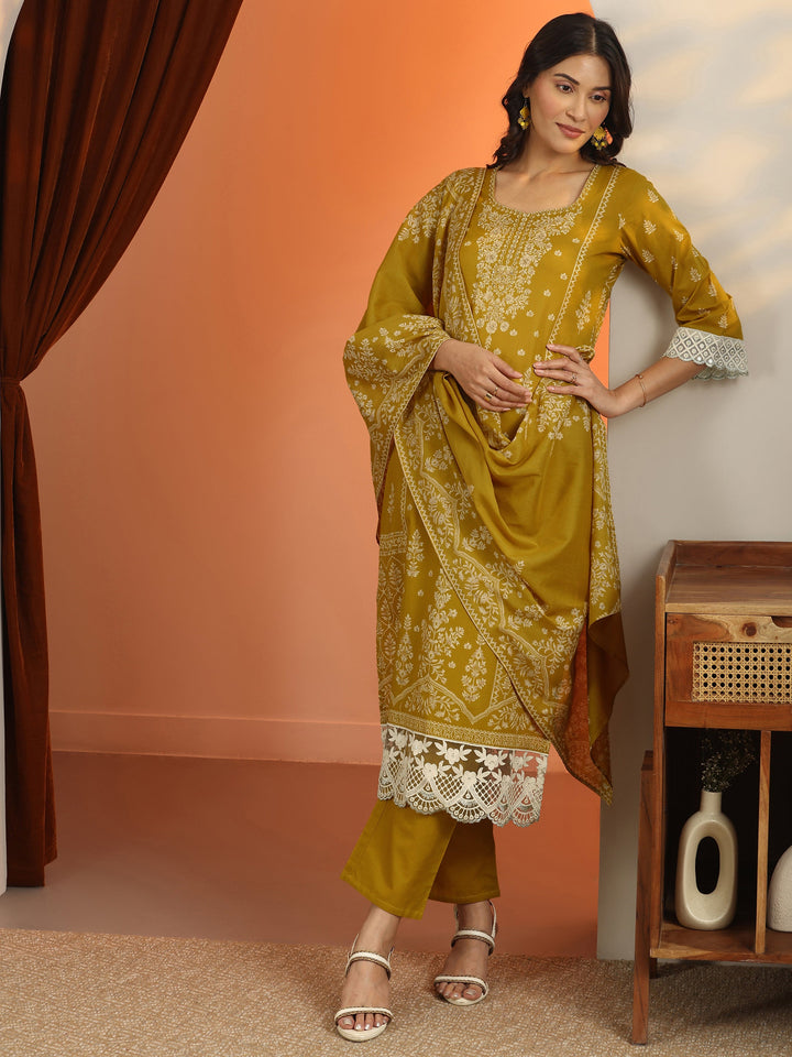 Mustard Printed Cotton Straight Suit Set With Dupatta