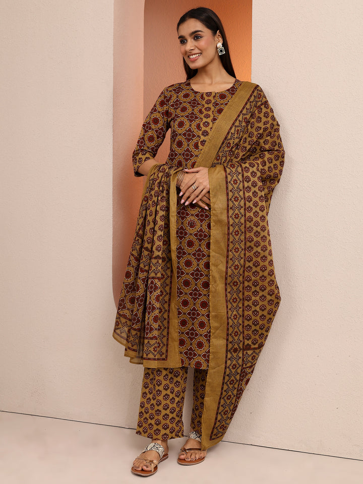 Mustard Printed Cotton Straight Suit Set With Dupatta