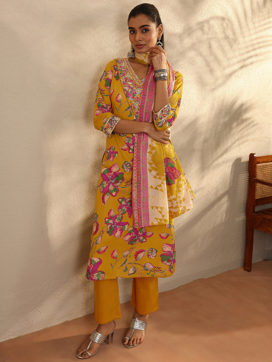 Mustard Printed Cotton Straight Suit Set With Dupatta