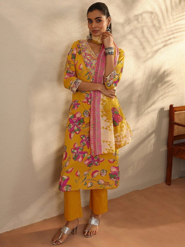 Mustard Printed Cotton Straight Suit Set With Dupatta