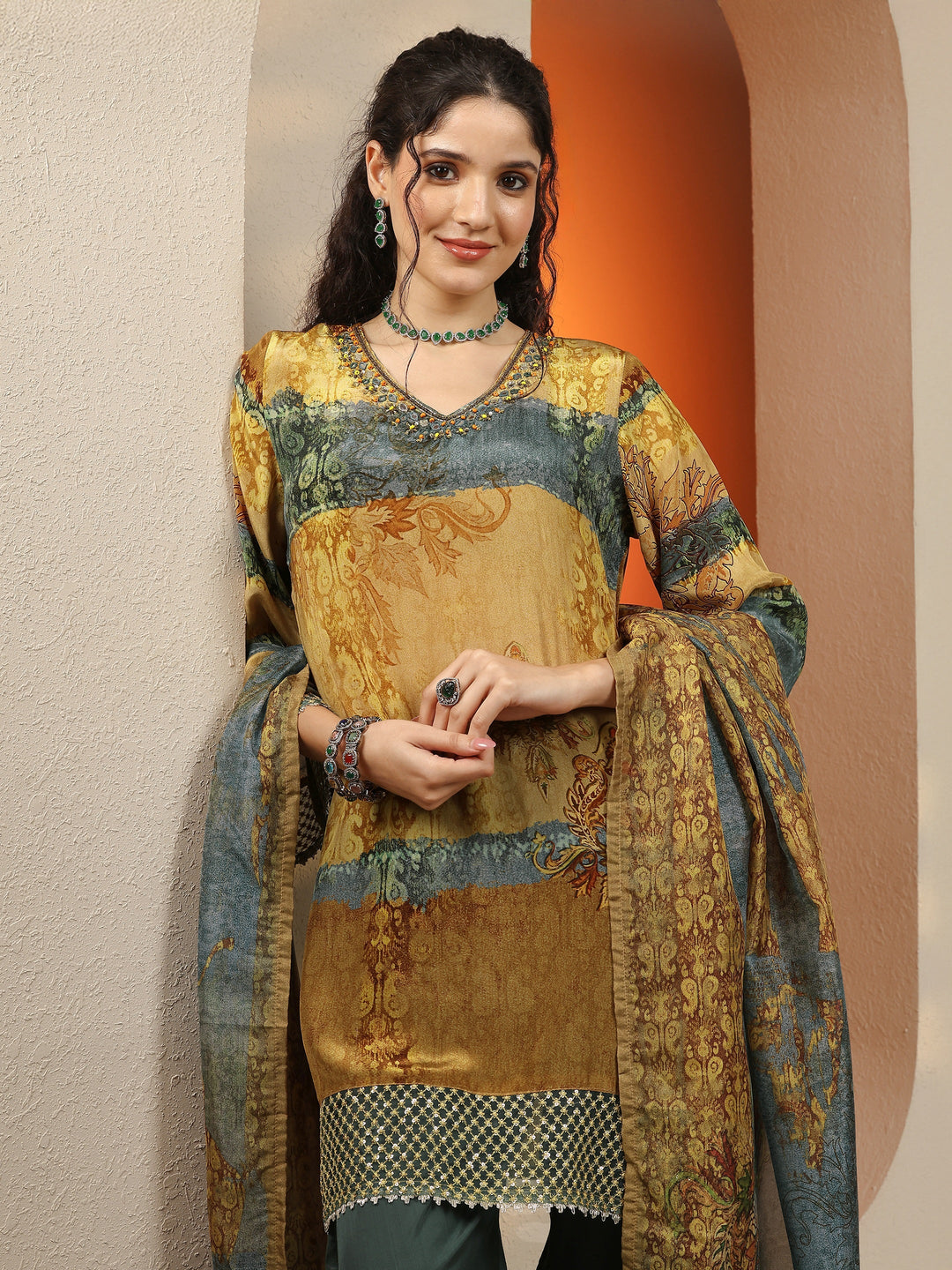 Mustard Printed Crepe Straight Suit Set With Dupatta