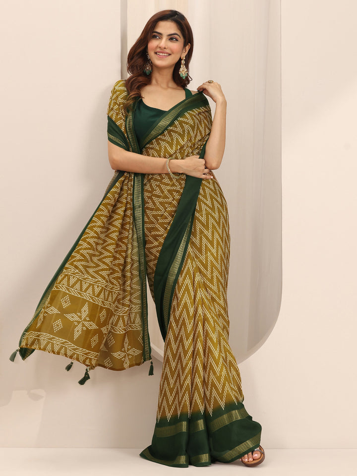 Mustard Printed Georgette Saree With Unstitched Blouse Piece