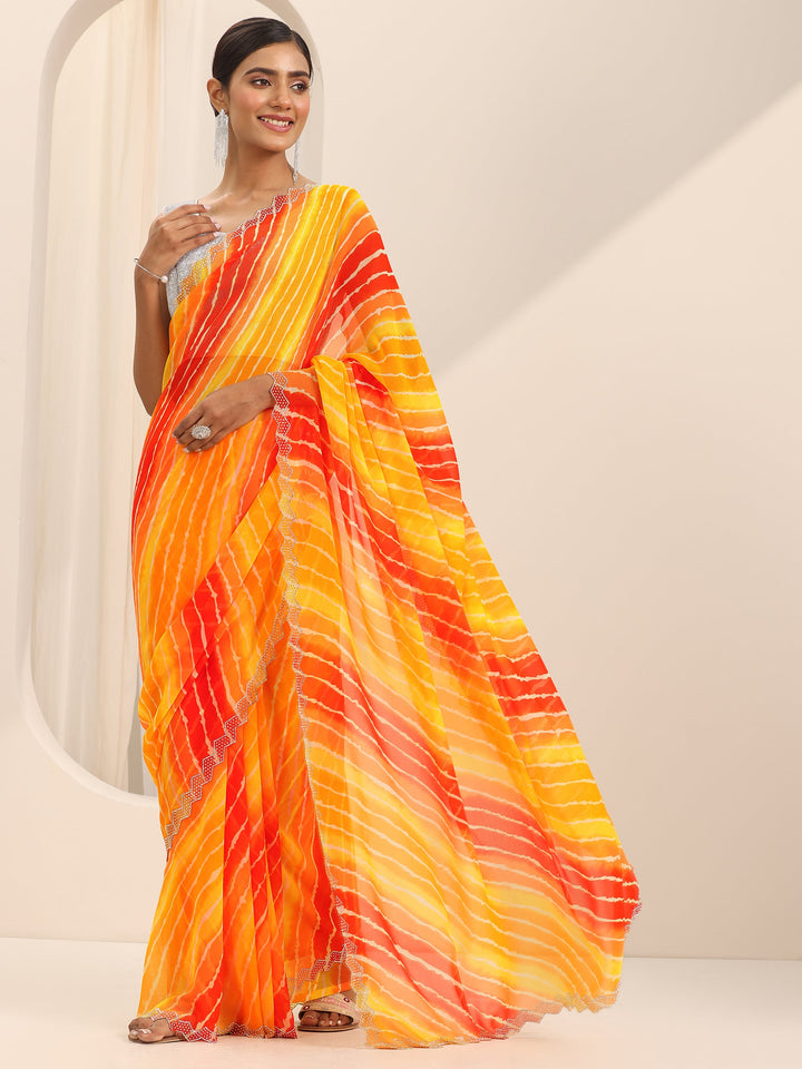 Mustard Printed Georgette Saree With Unstitched Blouse Piece