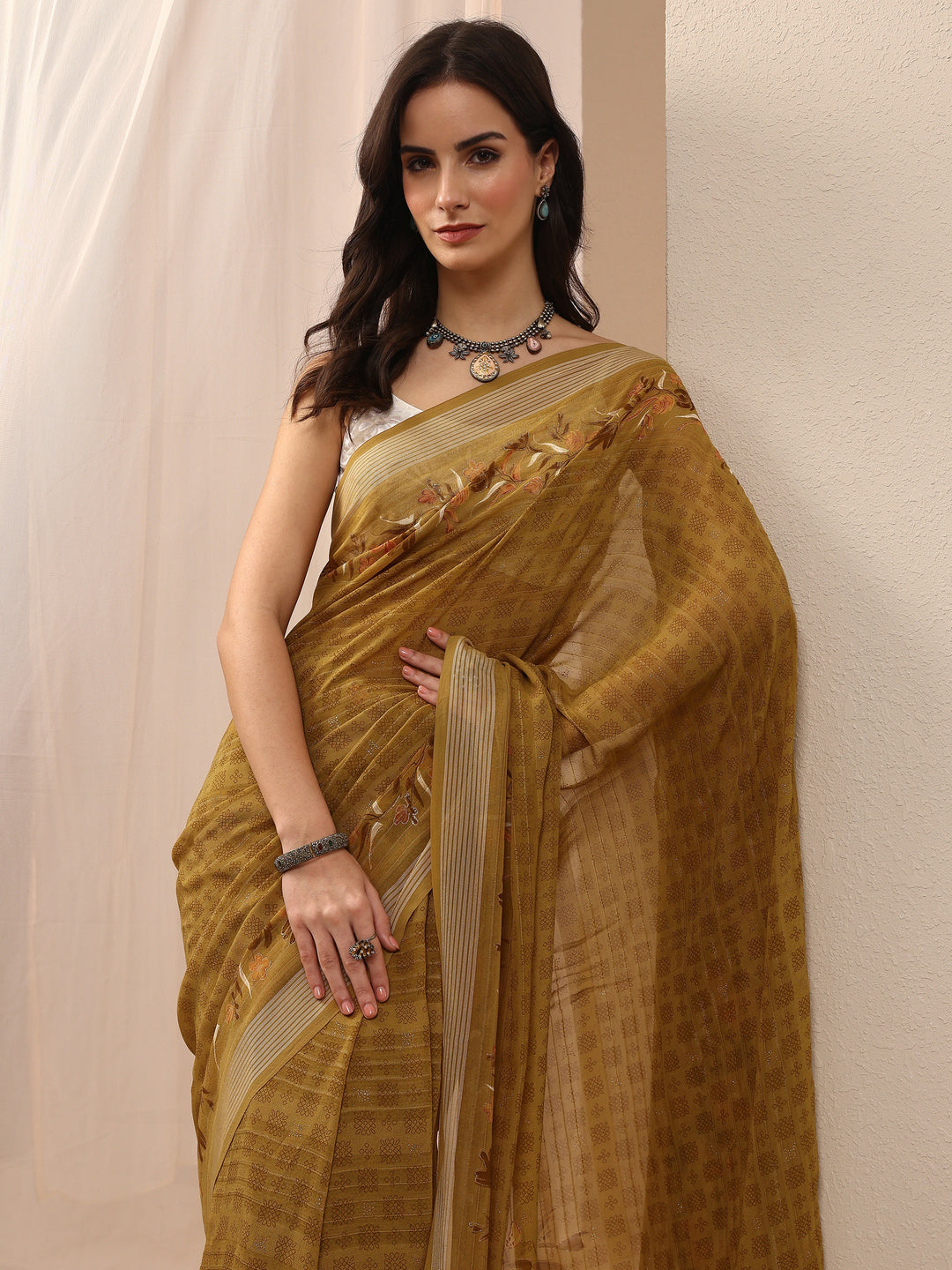 Mustard Printed Georgette Saree With Unstitched Blouse Piece