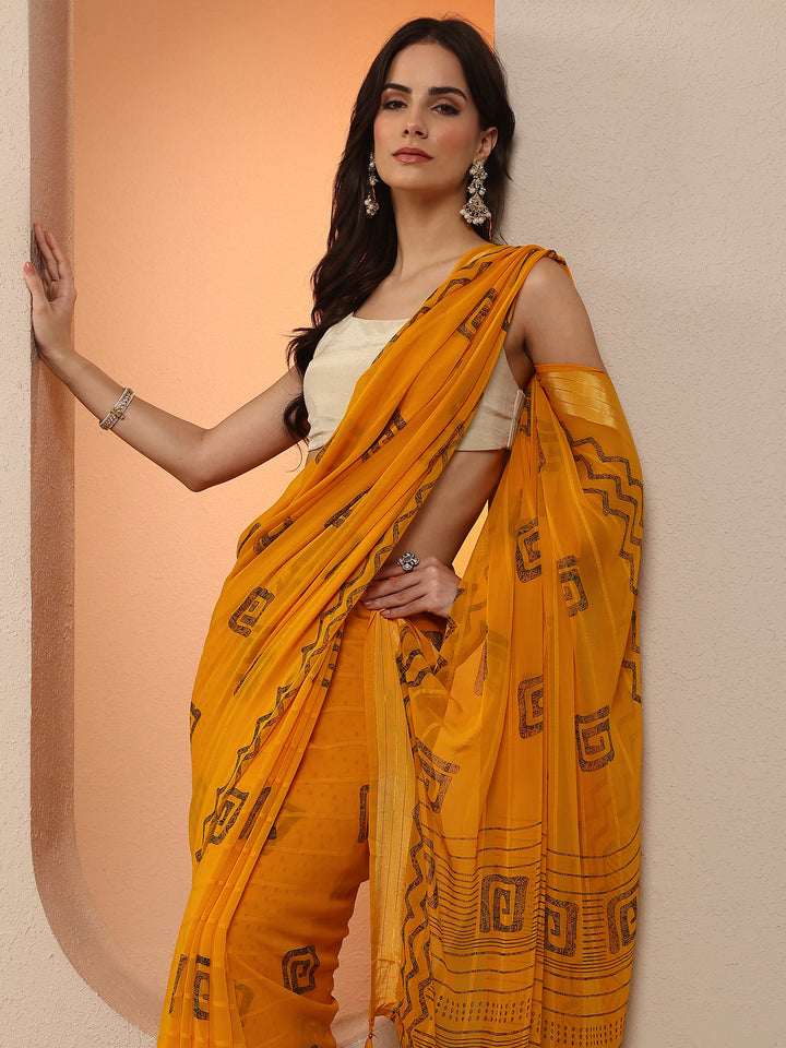 Mustard Printed Georgette Saree With Unstitched Blouse Piece