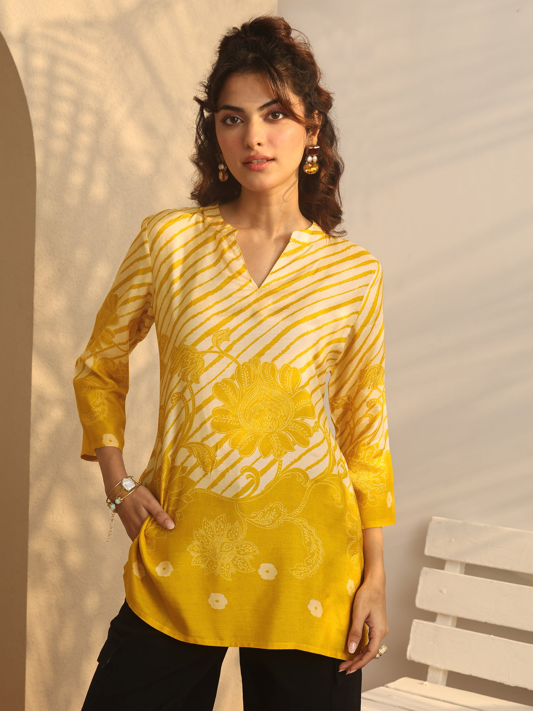 Mustard Printed Muslin Straight Short Kurti