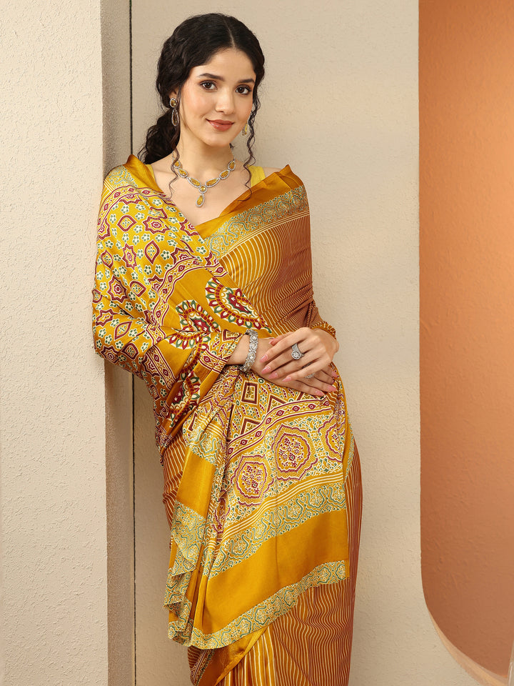 Mustard Printed Satin Saree With Unstitched Blouse Piece
