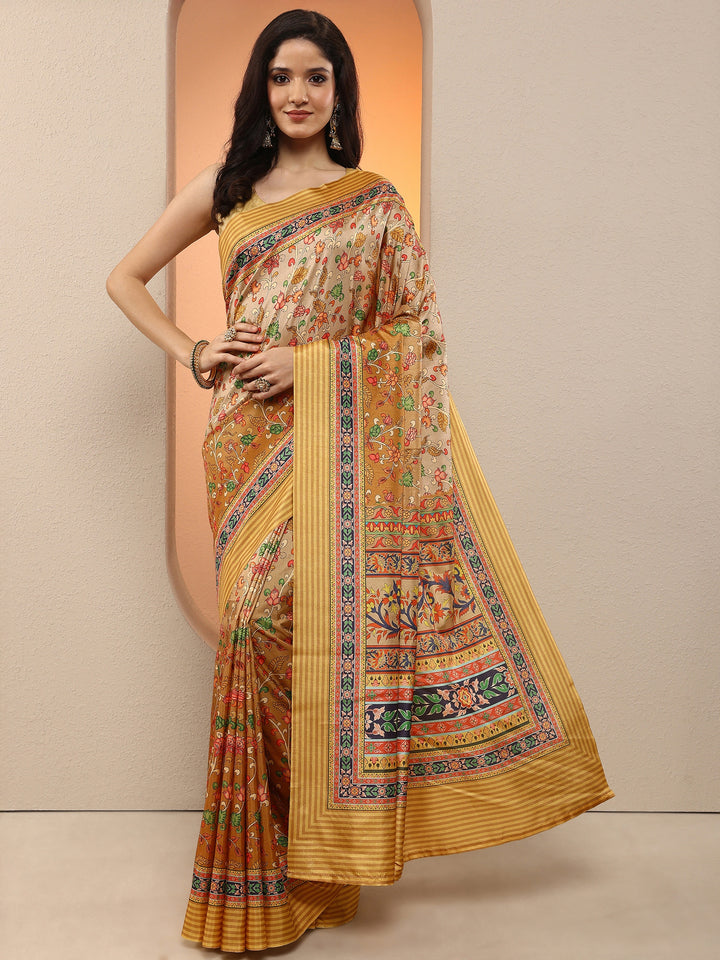 Mustard Printed Silk Blend Saree With Unstitched Blouse Piece