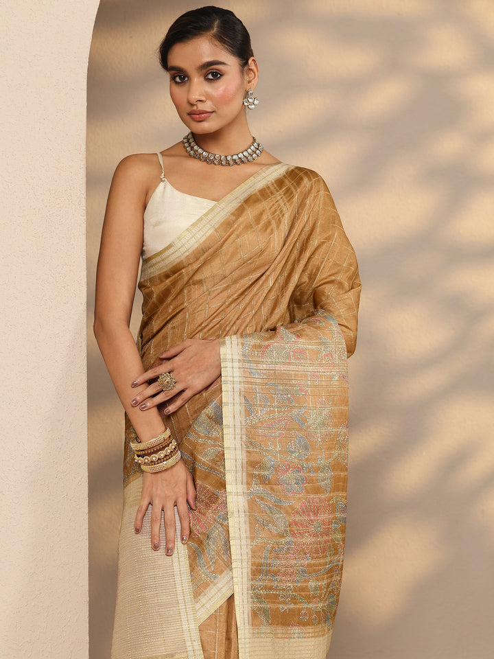 Mustard Printed Silk Blend Saree With Unstitched Blouse Piece