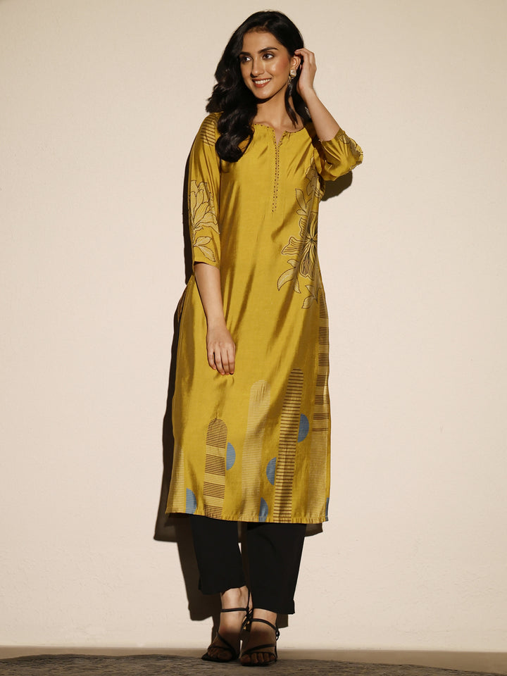 Mustard Printed Silk Blend Straight Kurta