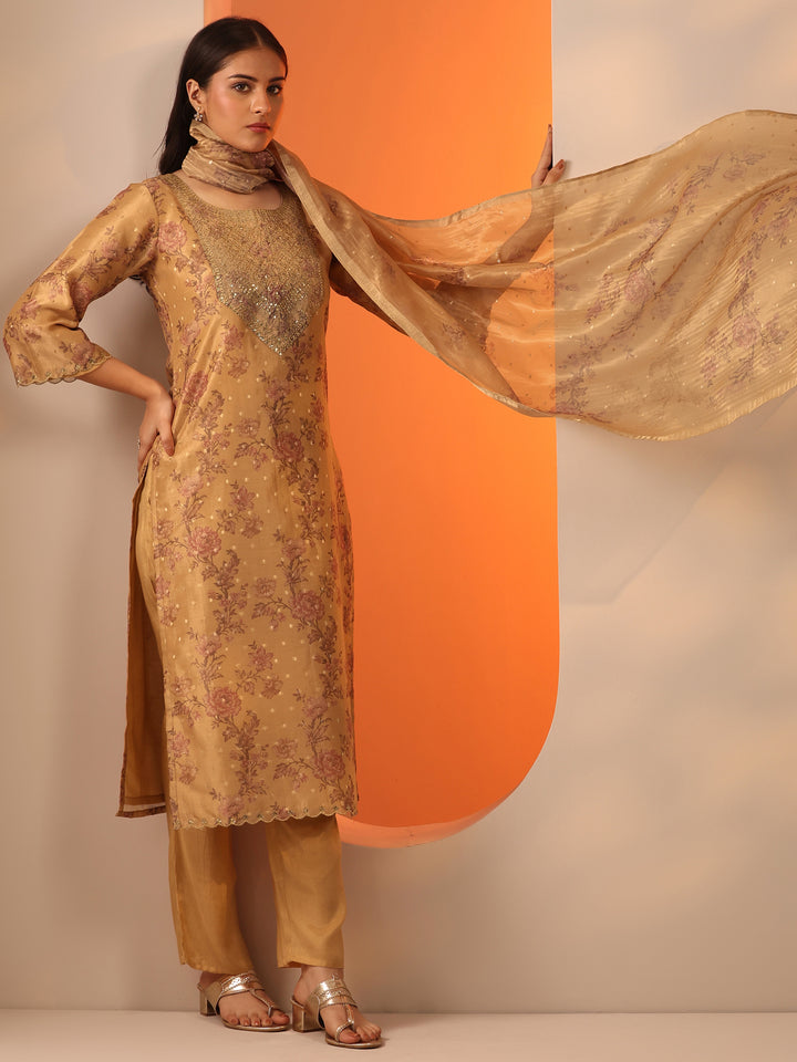 Mustard Printed Silk Blend Straight Suit Set With Dupatta