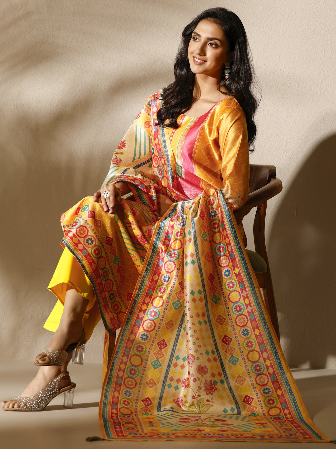 Mustard Printed Silk Blend Straight Suit Set With Dupatta