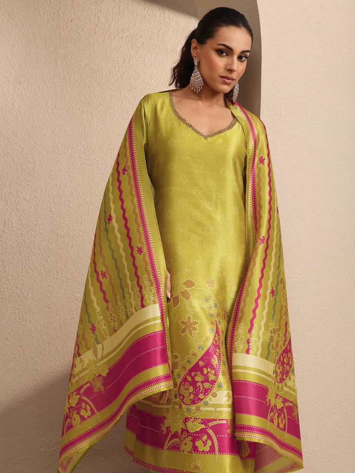 Mustard Printed Silk Blend Straight Suit Set With Dupatta