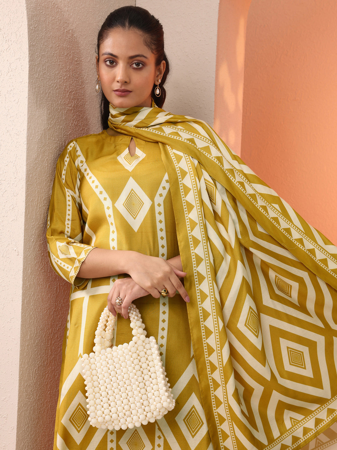 Mustard Printed Silk Blend Straight Suit Set With Dupatta