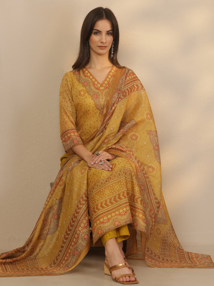 Mustard Printed Silk Blend Straight Suit Set With Dupatta