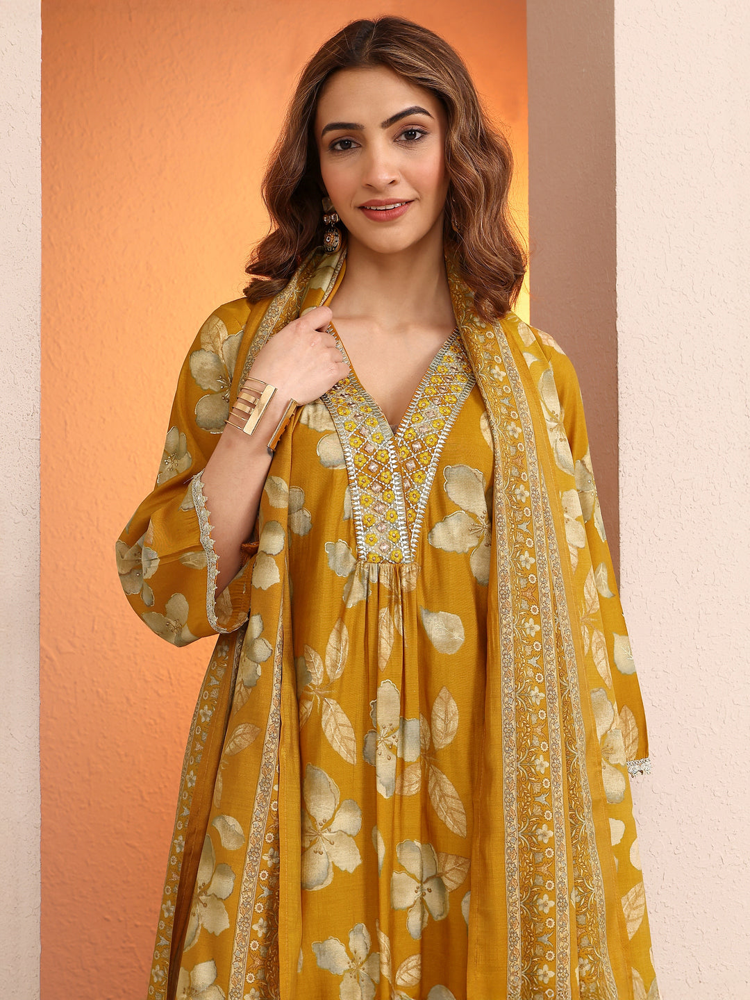 Mustard Printed Silk blend Straight Suit Set With Dupatta