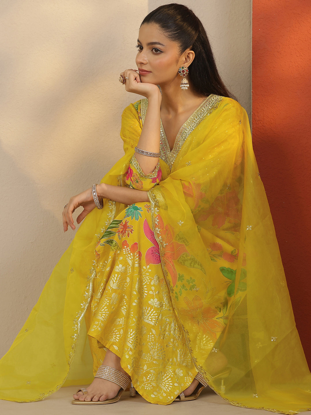 Mustard Printed Silk Blend Straight Suit Set With Dupatta