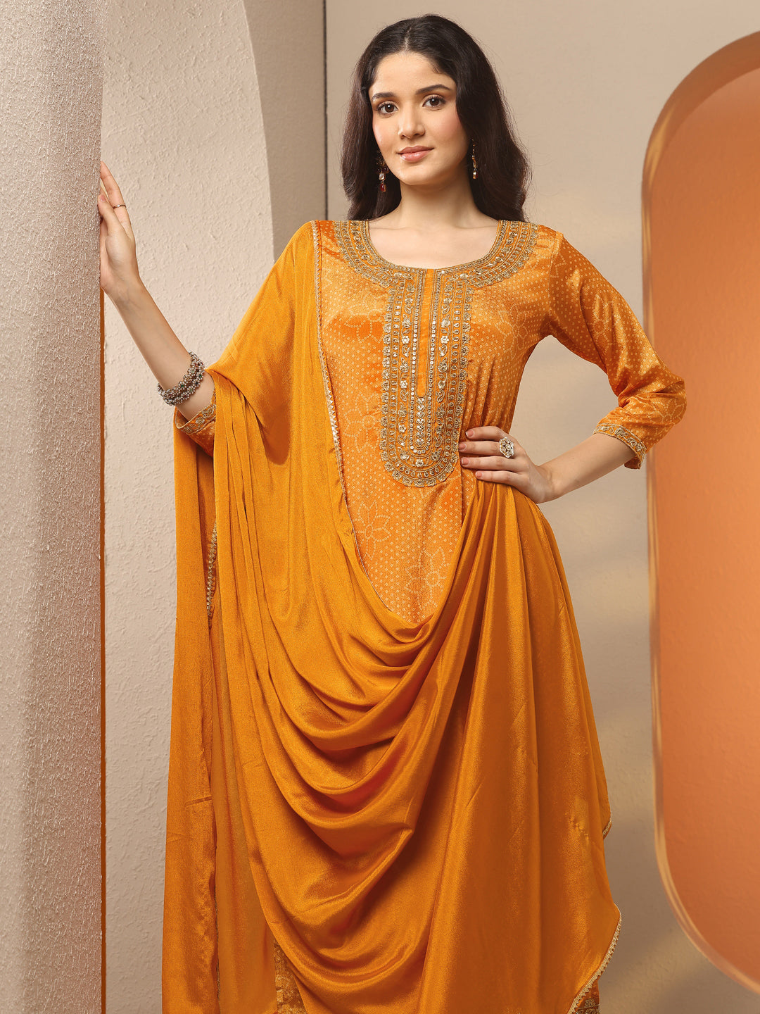 Mustard Printed Silk Blend Straight Suit Set With Dupatta