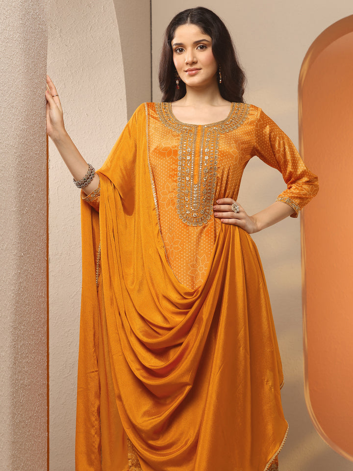 Mustard Printed Silk Blend Straight Suit Set With Dupatta