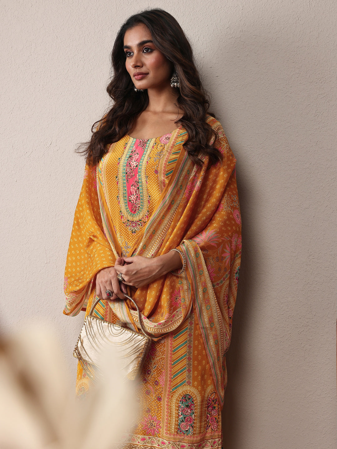 Mustard Printed Silk Blend Straight Suit Set With Dupatta