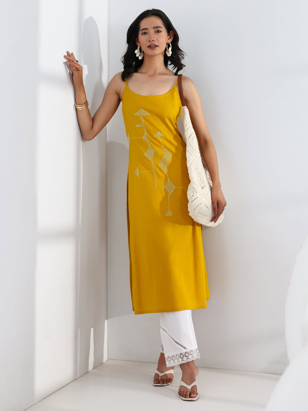 Mustard Quirky Design Embroidered Cotton Straight Kurta