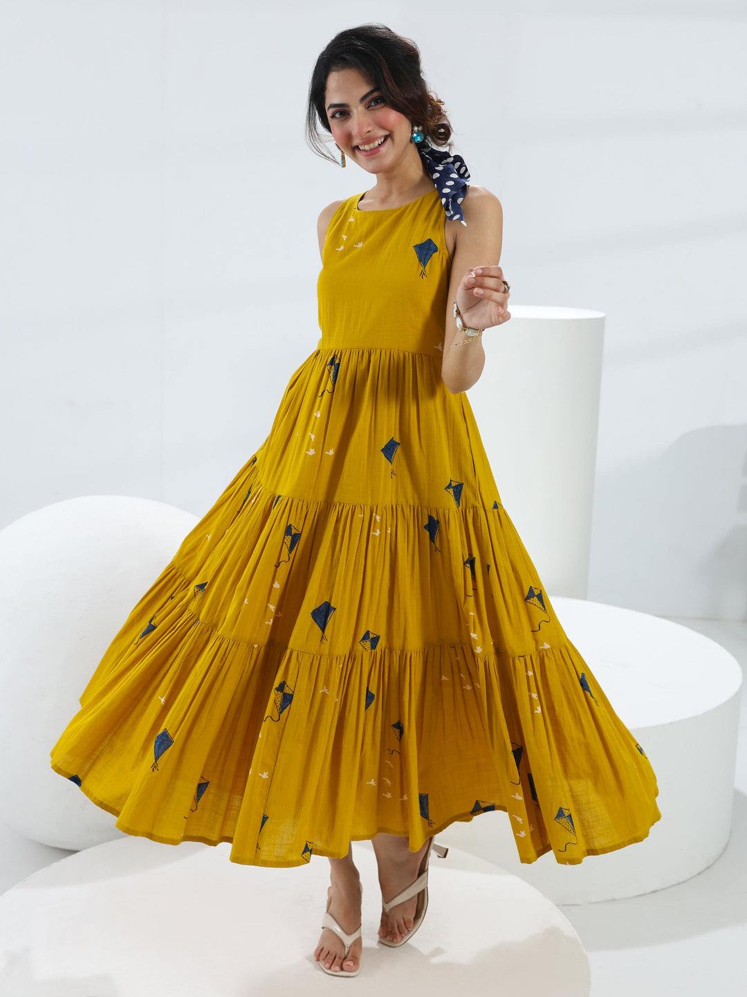 Mustard Quirky Printed Cotton Fit-And-Flare One-Piece Tiered Dress