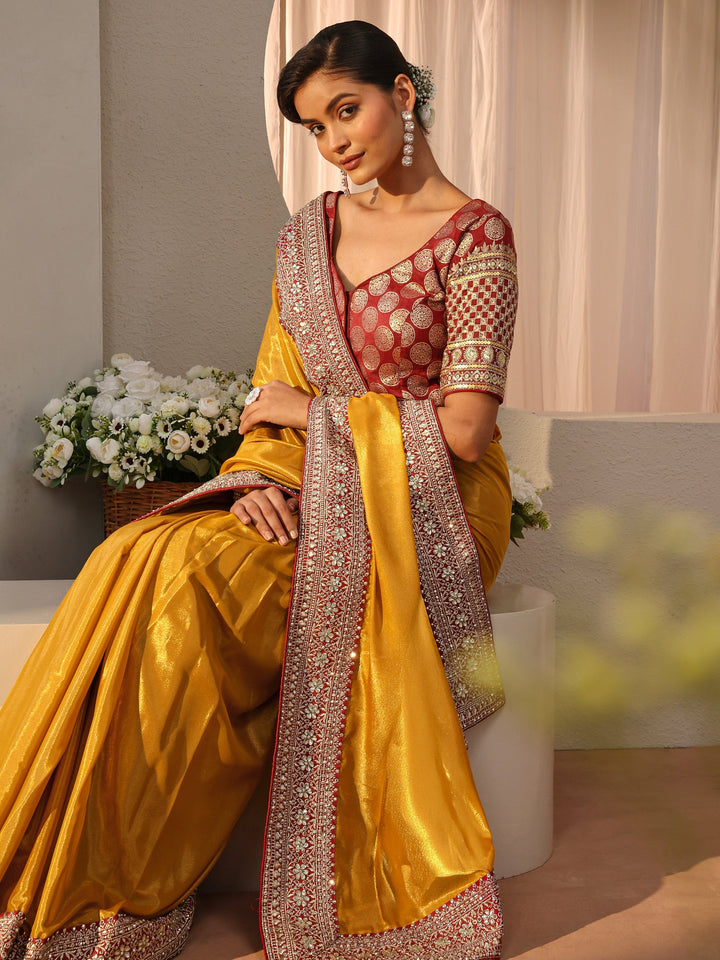 Mustard Satin Saree With Floral Border