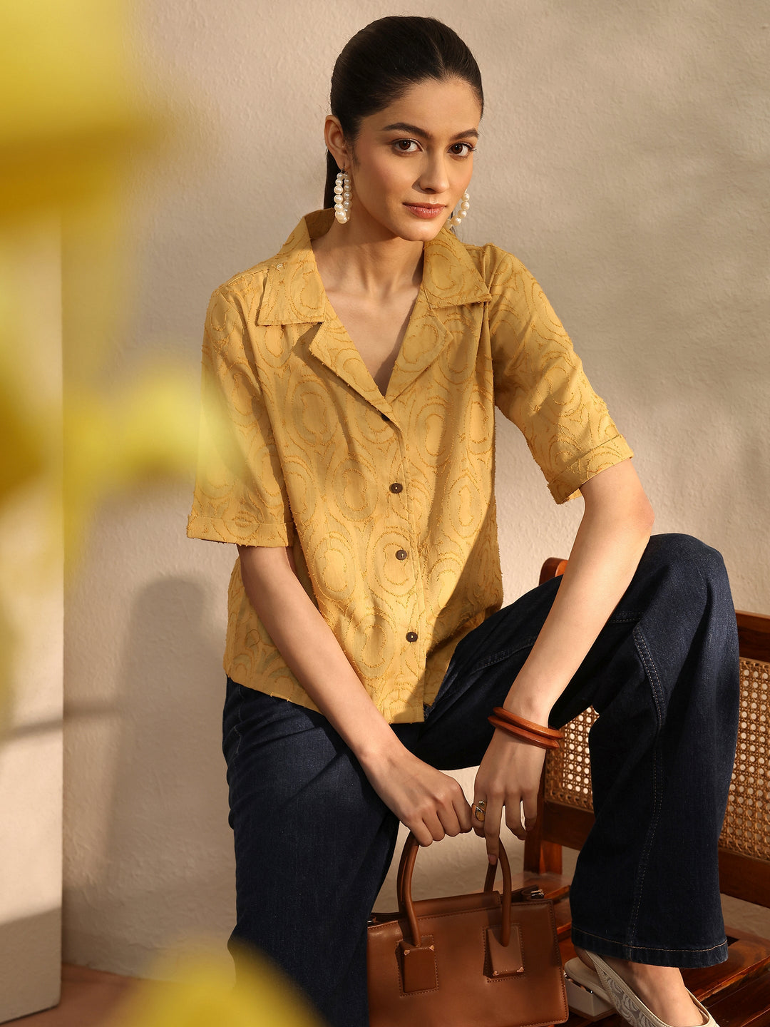 Mustard Self Design Cotton Straight Shirt